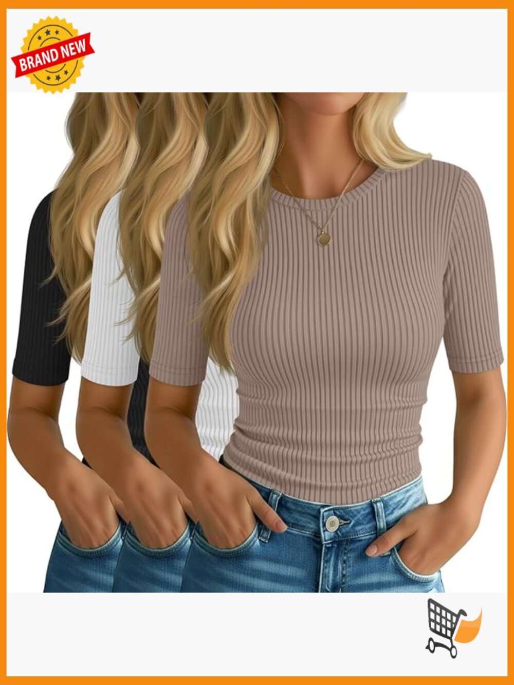 Half Sleeve Ribbed Cotton T Shirt Crew Neck Summer Tee Slim Fit Casual Blouses